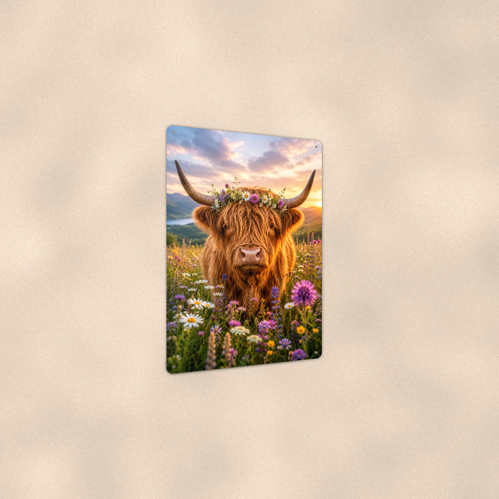 Highland Cow with Flower Crown aluminum metal sign 8" x 12" - angled view showing glossy finish