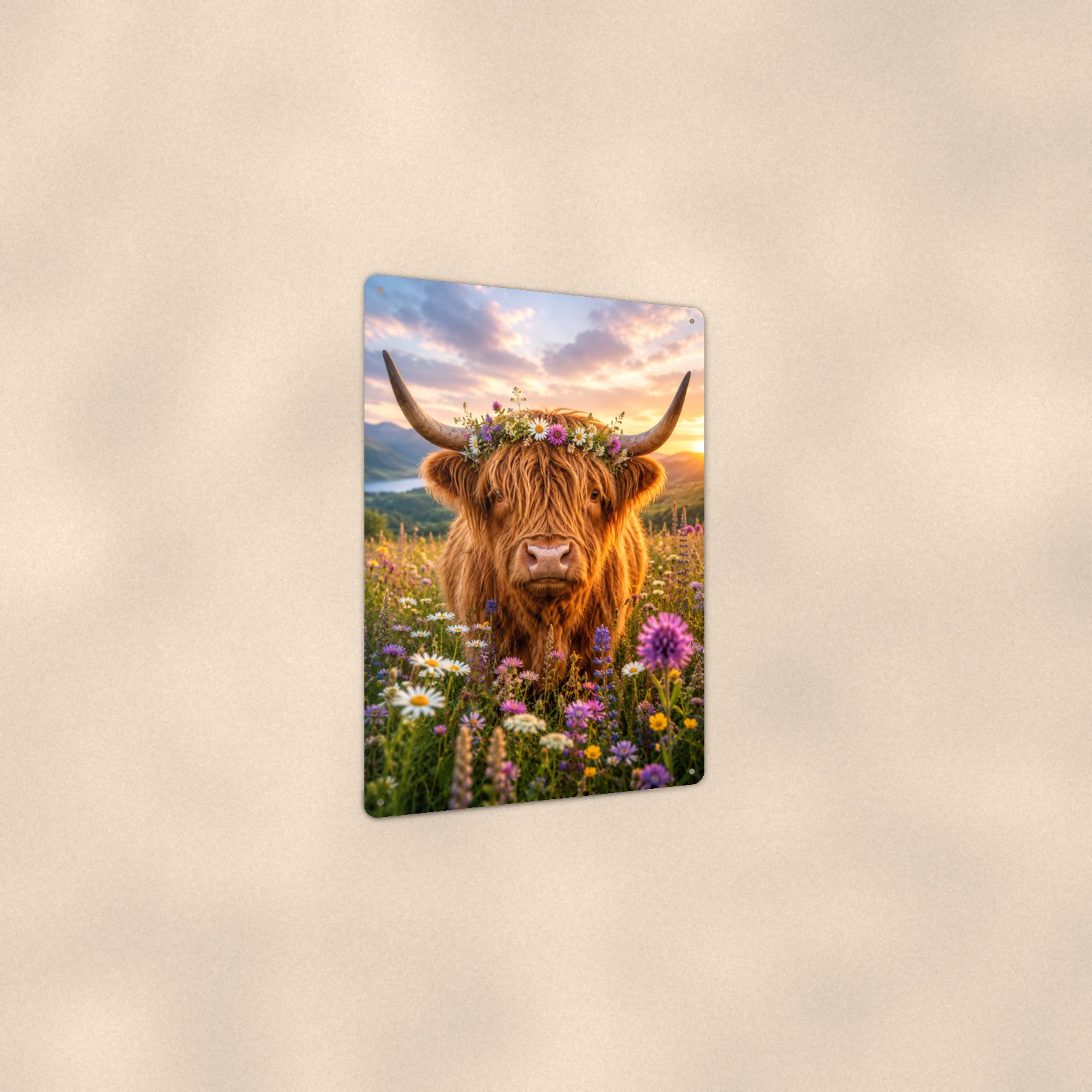Highland Cow with Flower Crown aluminum metal sign 8" x 12" - angled view showing glossy finish