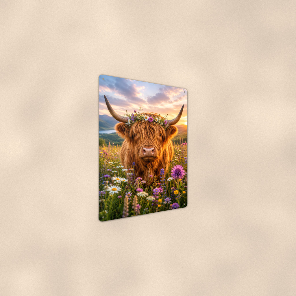Highland Cow with Flower Crown aluminum metal sign 8" x 12" - angled wall view from a wider angle