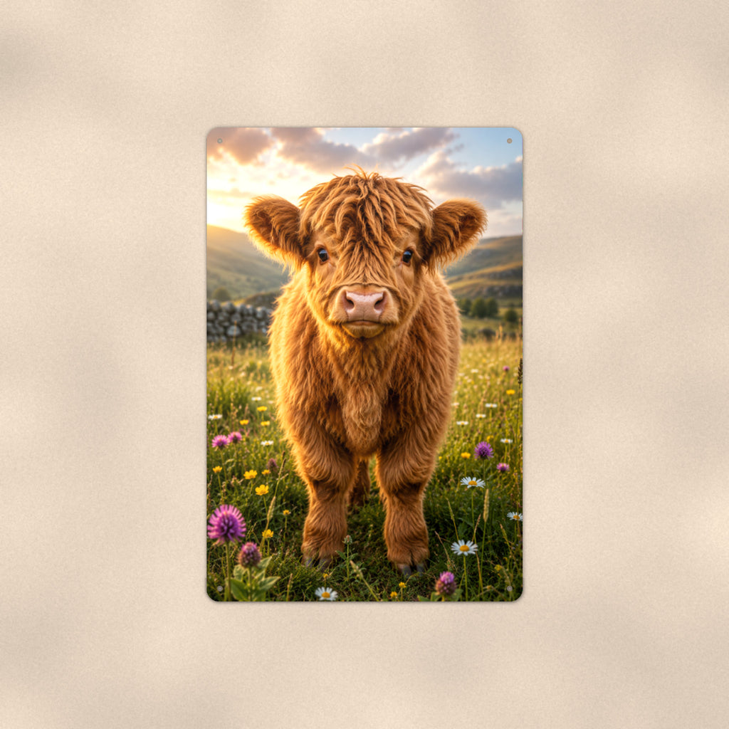 Highland Calf in Spring Meadow aluminum metal sign 8" x 12" - front view on warm wall