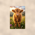 Highland Calf in Spring Meadow aluminum metal sign 8" x 12" - front view on warm wall