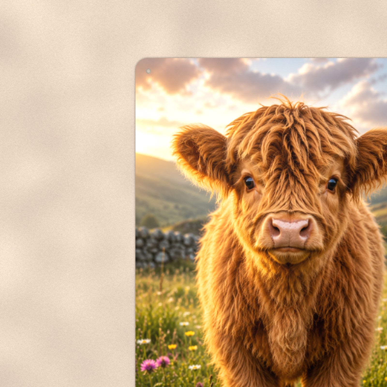 Highland Calf in Spring Meadow aluminum metal sign 8" x 12" - close-up view of the printed artwork