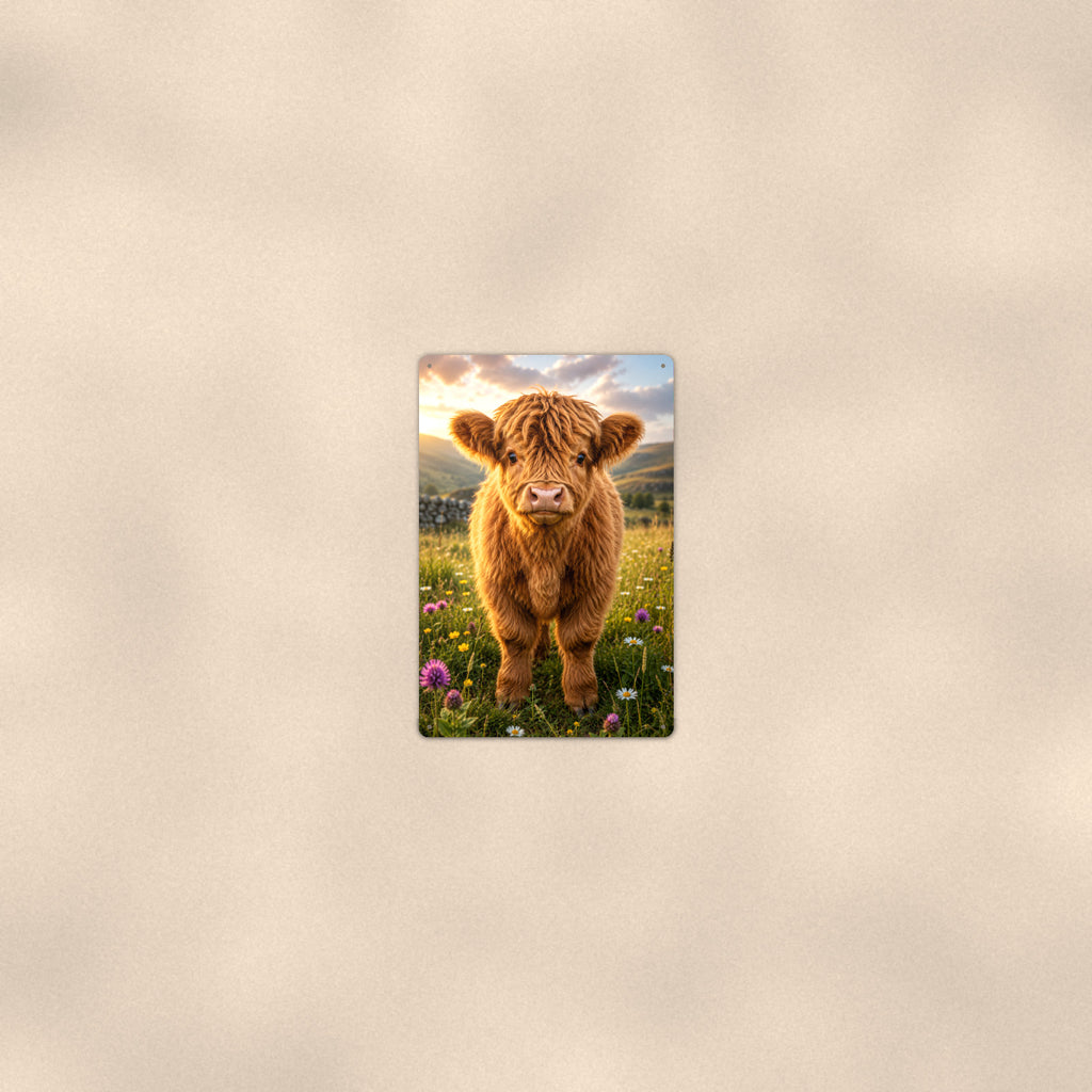 Highland Calf in Spring Meadow aluminum metal sign 8" x 12" - room view on warm wall