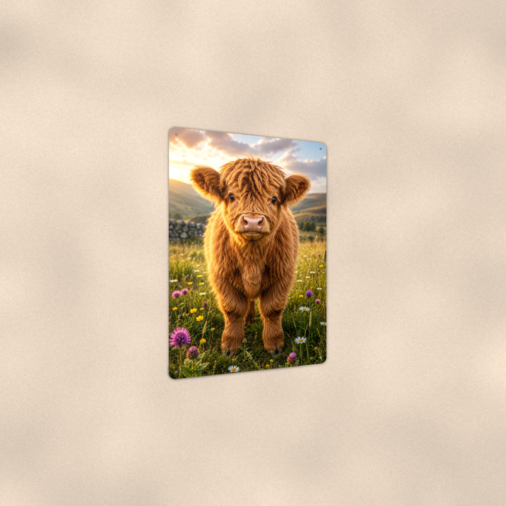 Highland Calf in Spring Meadow aluminum metal sign 8" x 12" - angled view showing glossy finish