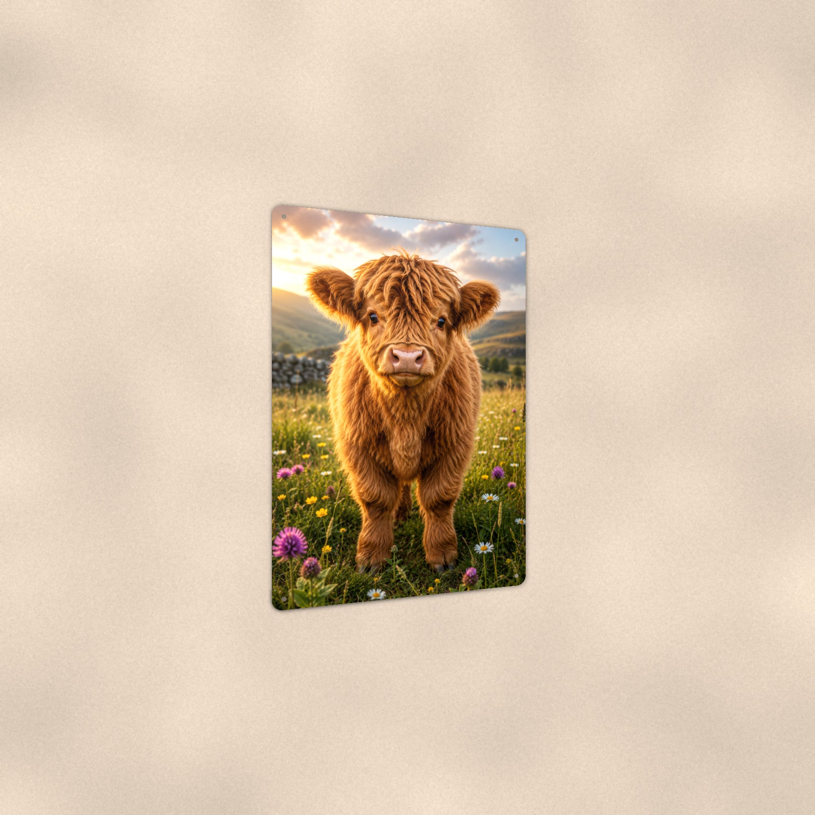 Highland Calf in Spring Meadow aluminum metal sign 8" x 12" - angled view showing glossy finish