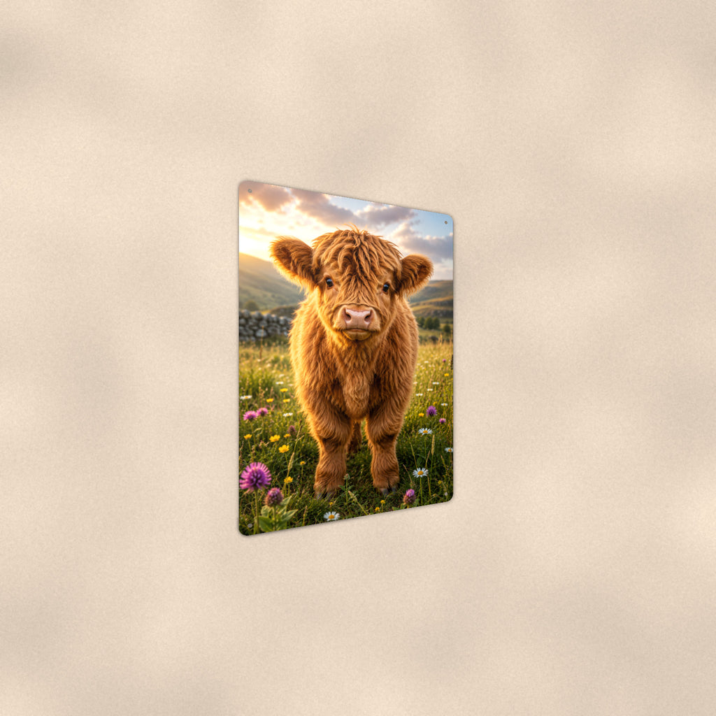 Highland Calf in Spring Meadow aluminum metal sign 8" x 12" - angled wall view from a wider angle