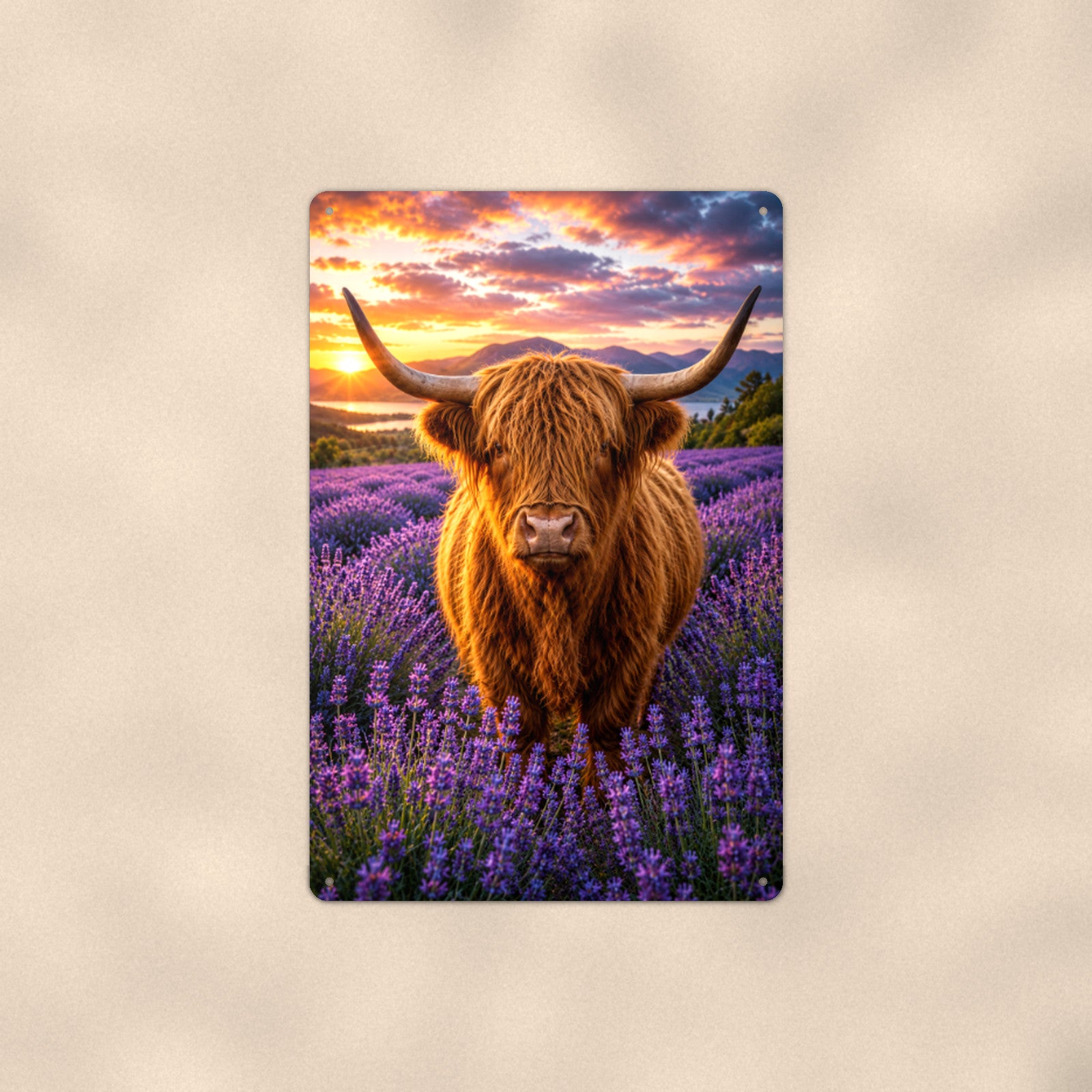 Highland Cow in Lavender Field aluminum metal sign 8" x 12" - front view on warm wall