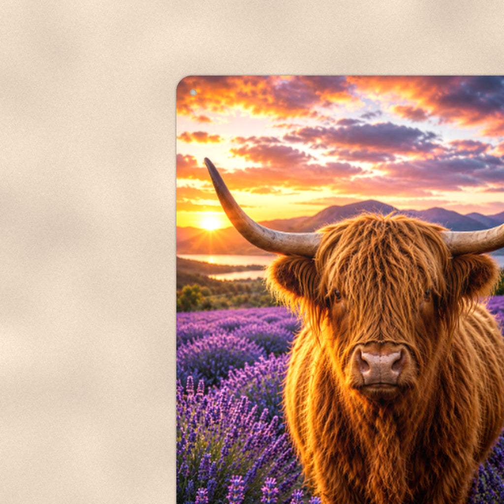 Highland Cow in Lavender Field aluminum metal sign 8" x 12" - close-up view of the printed artwork