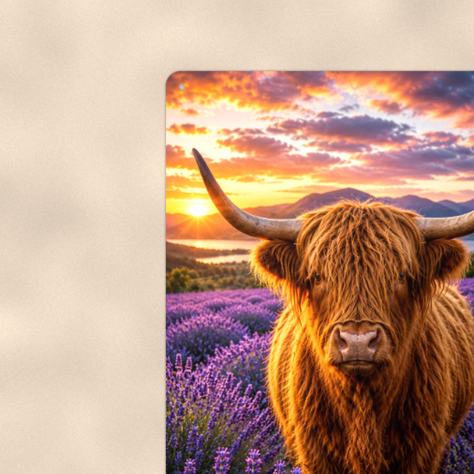 Highland Cow in Lavender Field aluminum metal sign 8" x 12" - close-up view of the printed artwork