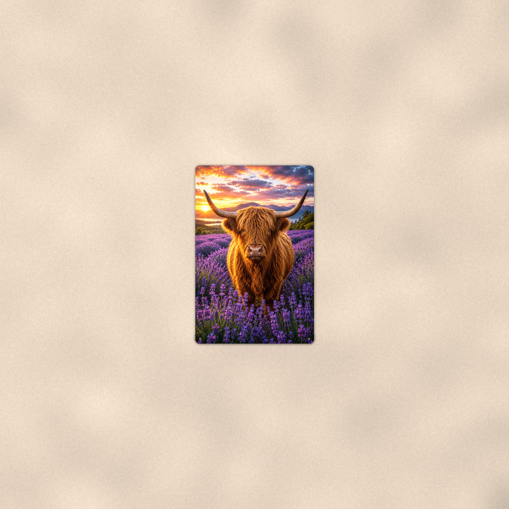 Highland Cow in Lavender Field aluminum metal sign 8" x 12" - room view on warm wall