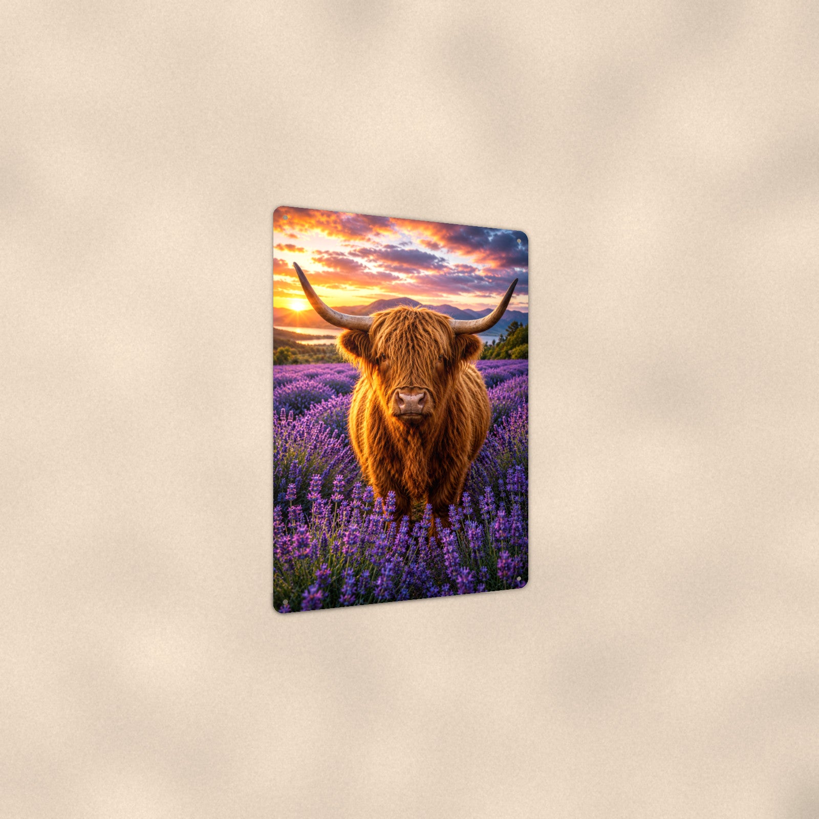 Highland Cow in Lavender Field aluminum metal sign 8" x 12" - angled view showing glossy finish