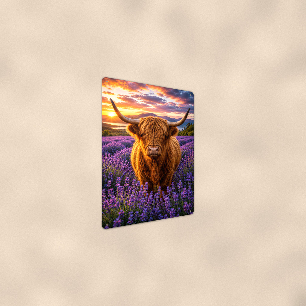 Highland Cow in Lavender Field aluminum metal sign 8" x 12" - angled wall view from a wider angle