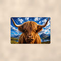 Highland Cow Close-Up Blue Sky aluminum metal sign 12" x 8" - front view on warm wall