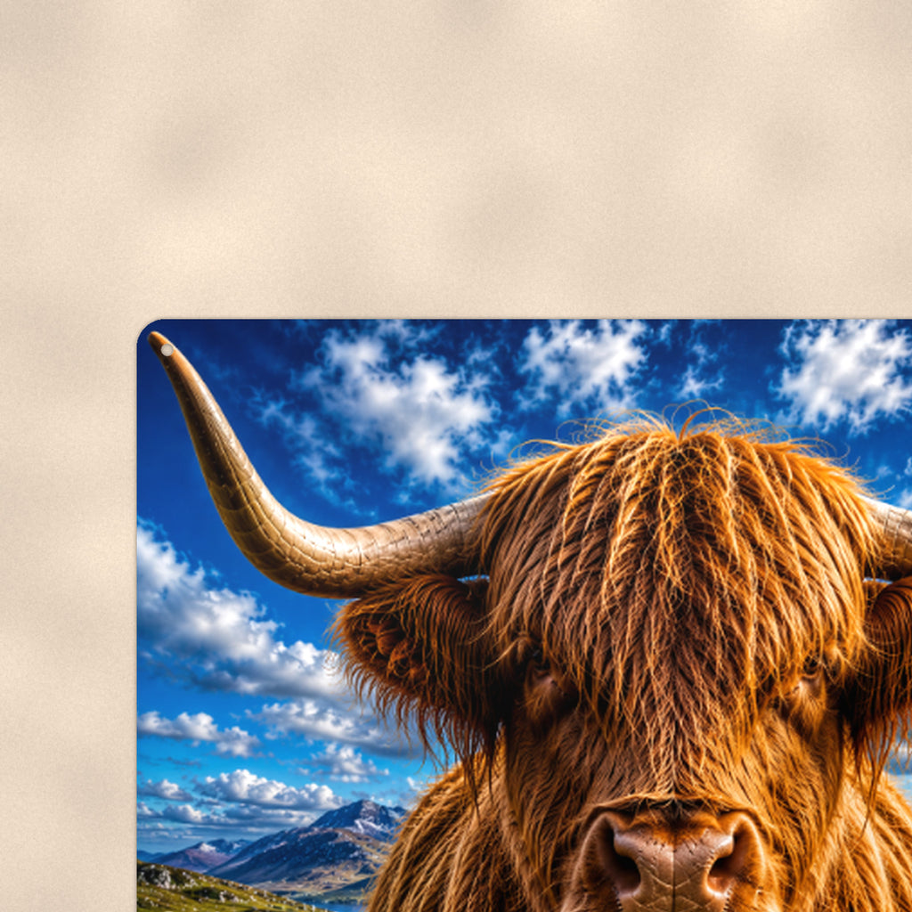 Highland Cow Close-Up Blue Sky aluminum metal sign 12" x 8" - close-up view of the printed artwork