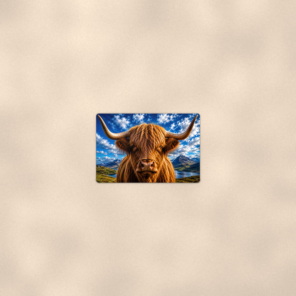 Highland Cow Close-Up Blue Sky aluminum metal sign 12" x 8" - room view on warm wall