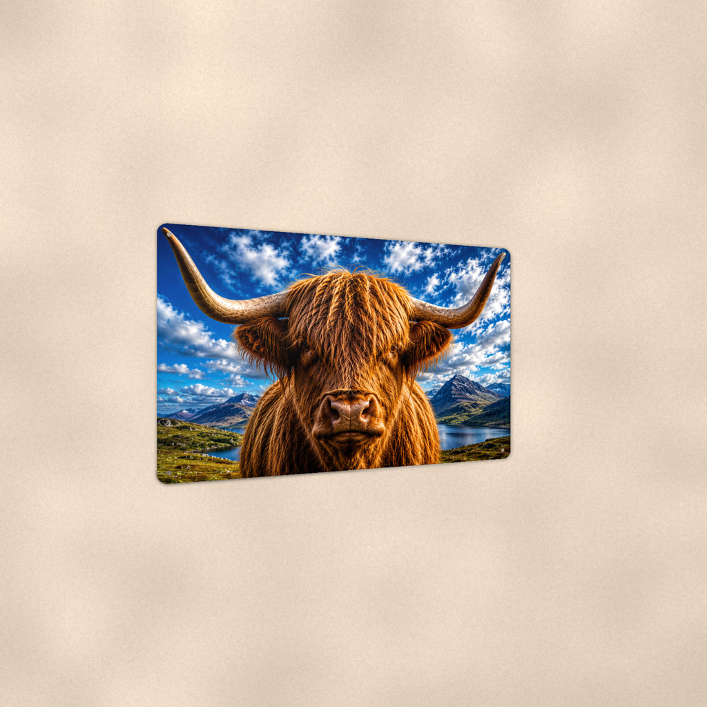 Highland Cow Close-Up Blue Sky aluminum metal sign 12" x 8" - angled view showing glossy finish