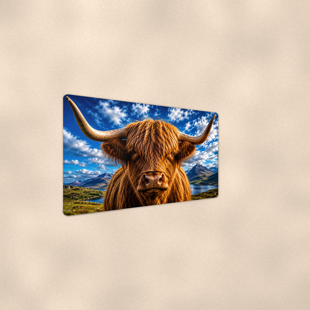 Highland Cow Close-Up Blue Sky aluminum metal sign 12" x 8" - angled wall view from a wider angle