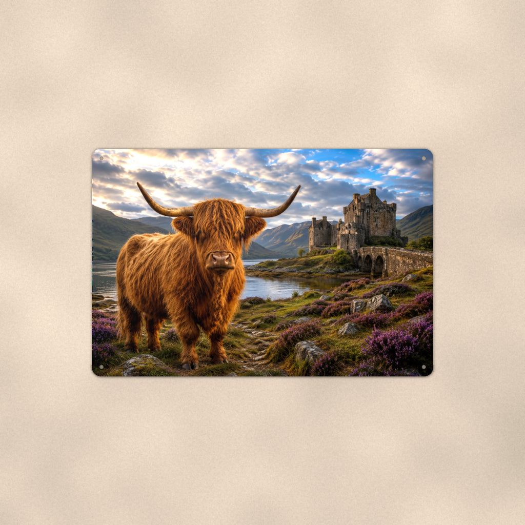 Highland Cow at the Castle aluminum metal sign 12" x 8" - front view on warm wall