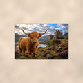 Highland Cow at the Castle aluminum metal sign 12" x 8" - front view on warm wall