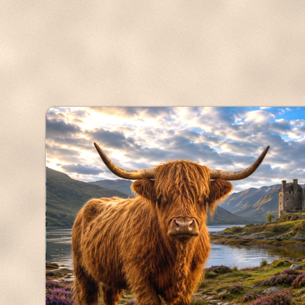 Highland Cow at the Castle aluminum metal sign 12" x 8" - close-up view of the printed artwork