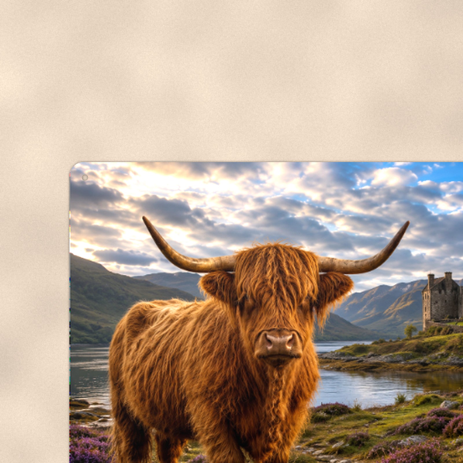Highland Cow at the Castle aluminum metal sign 12" x 8" - close-up view of the printed artwork