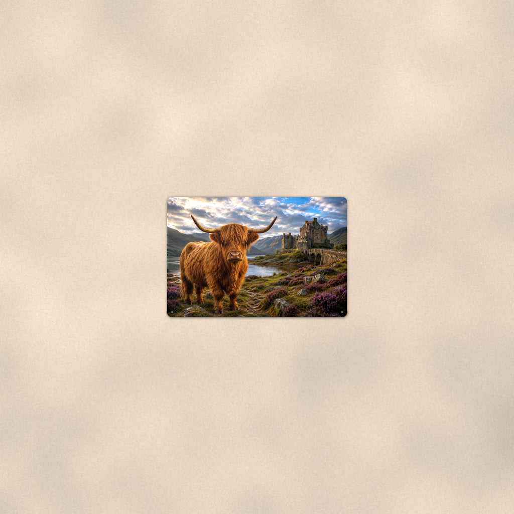 Highland Cow at the Castle aluminum metal sign 12" x 8" - room view on warm wall