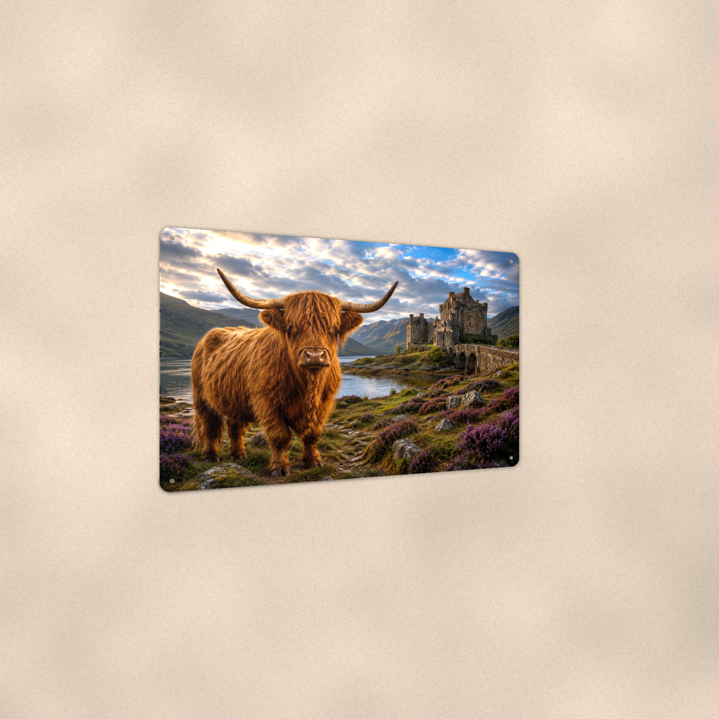 Highland Cow at the Castle aluminum metal sign 12" x 8" - angled view showing glossy finish