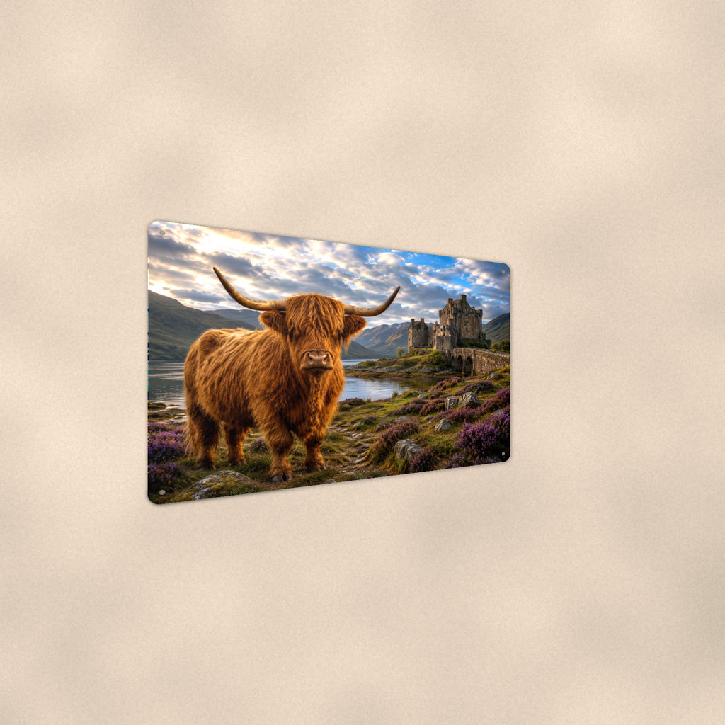 Highland Cow at the Castle aluminum metal sign 12" x 8" - angled wall view from a wider angle