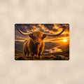 Highland Cow Fiery Sunset aluminum metal sign 12" x 8" - front view on warm wall