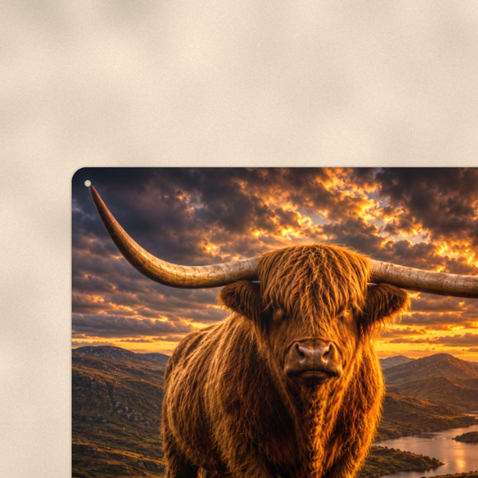 Highland Cow Fiery Sunset aluminum metal sign 12" x 8" - close-up view of the printed artwork