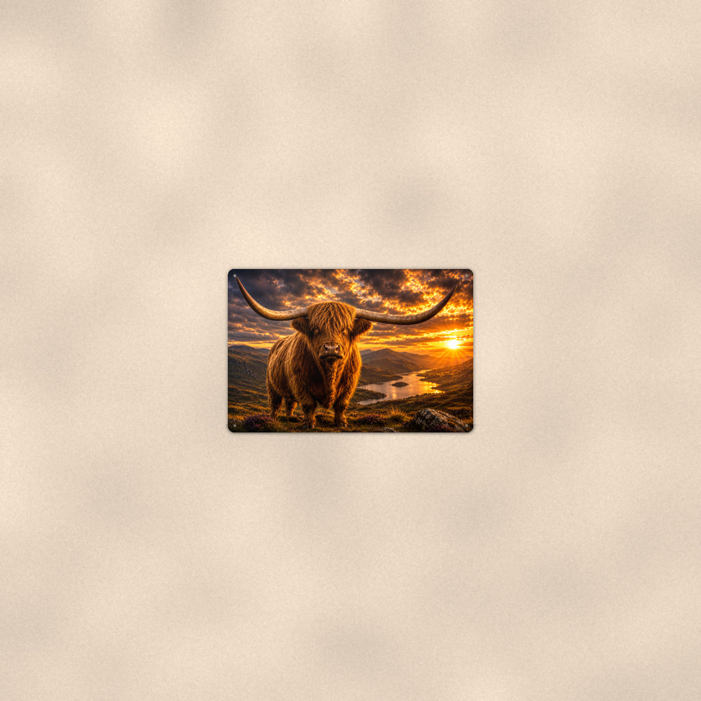 Highland Cow Fiery Sunset aluminum metal sign 12" x 8" - room view on warm wall