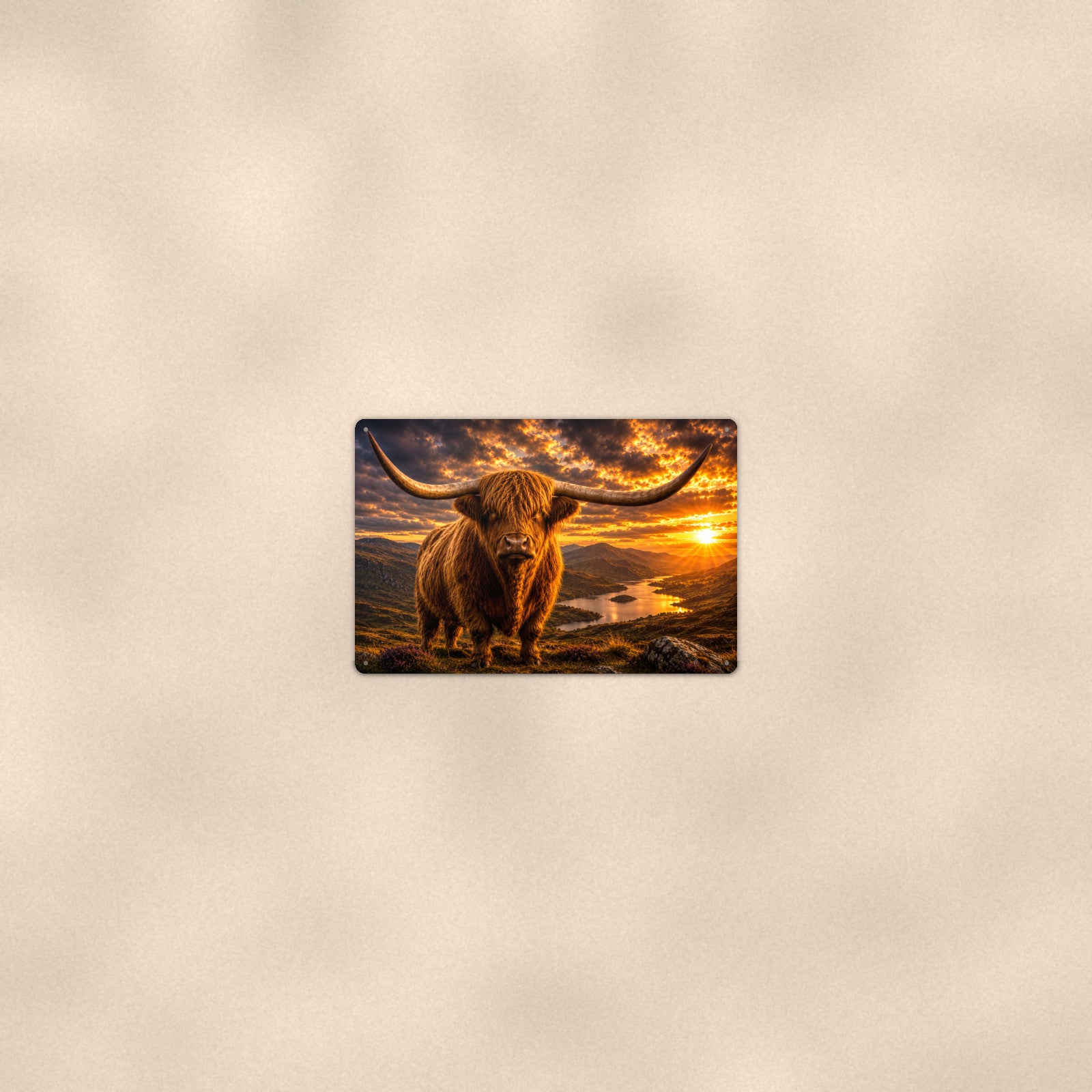 Highland Cow Fiery Sunset aluminum metal sign 12" x 8" - room view on warm wall