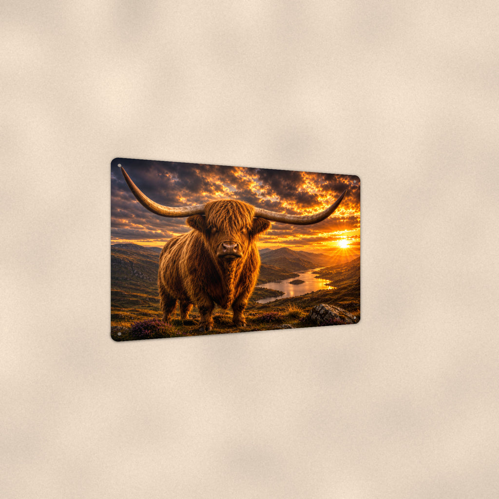 Highland Cow Fiery Sunset aluminum metal sign 12" x 8" - angled view showing glossy finish