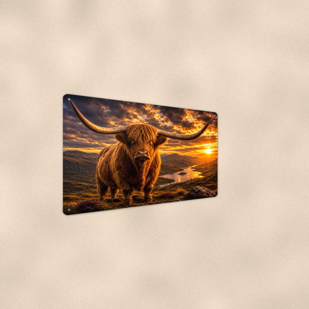 Highland Cow Fiery Sunset aluminum metal sign 12" x 8" - angled wall view from a wider angle