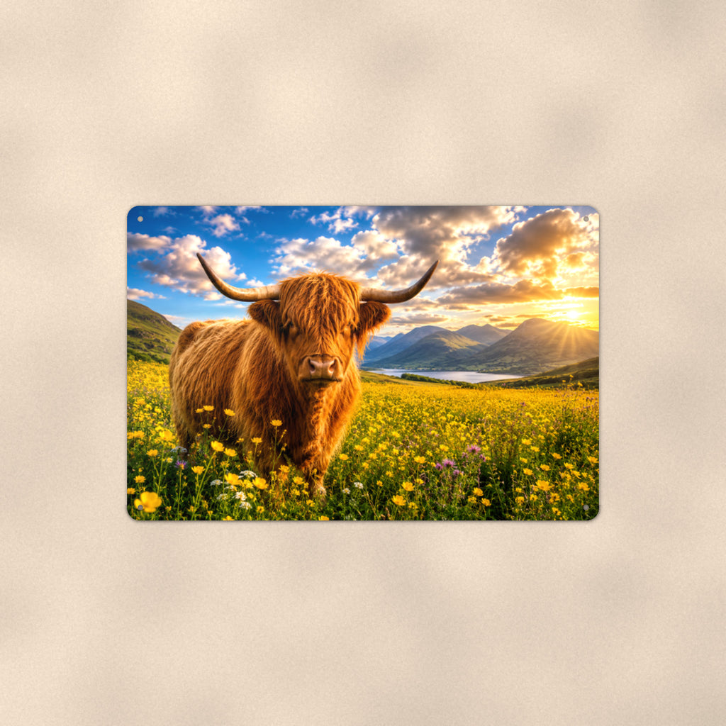 Highland Cow in Buttercup Meadow aluminum metal sign 12" x 8" - front view on warm wall