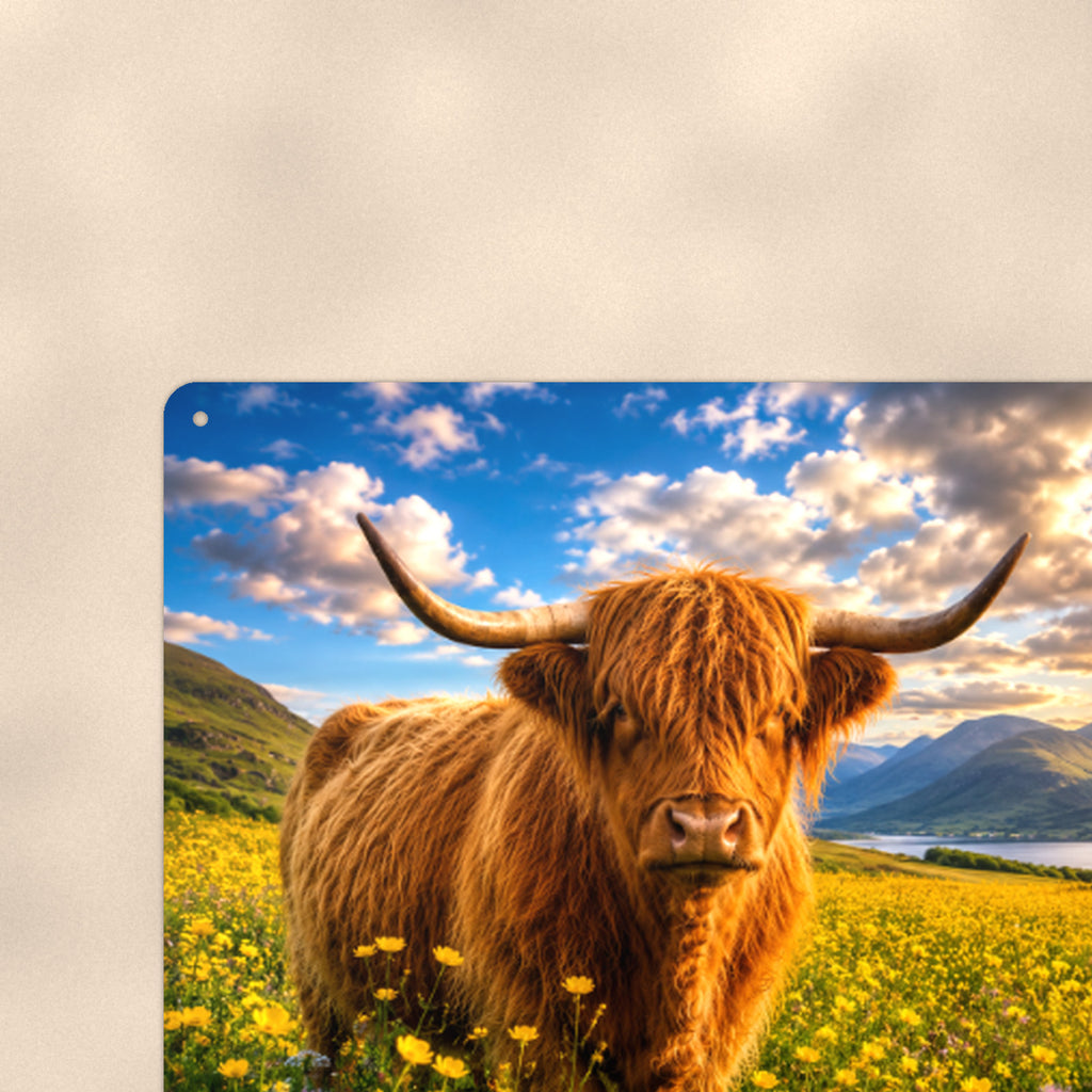 Highland Cow in Buttercup Meadow aluminum metal sign 12" x 8" - close-up view of the printed artwork