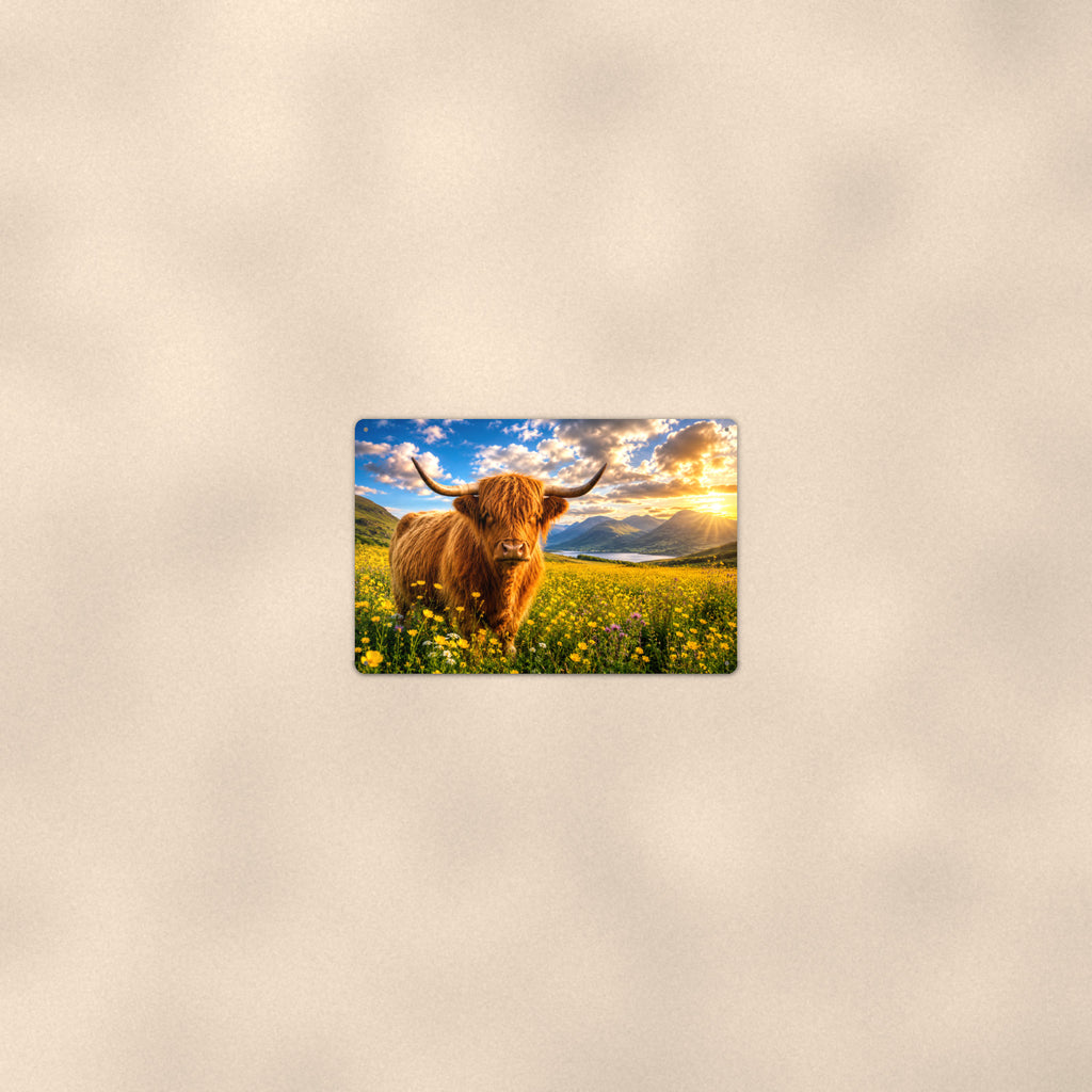 Highland Cow in Buttercup Meadow aluminum metal sign 12" x 8" - room view on warm wall