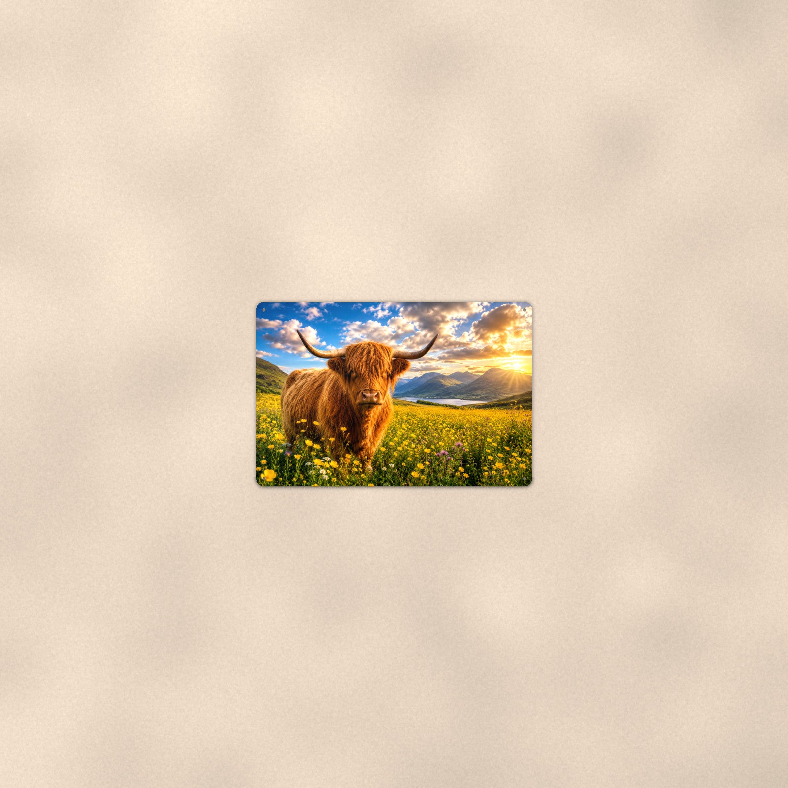 Highland Cow in Buttercup Meadow aluminum metal sign 12" x 8" - room view on warm wall