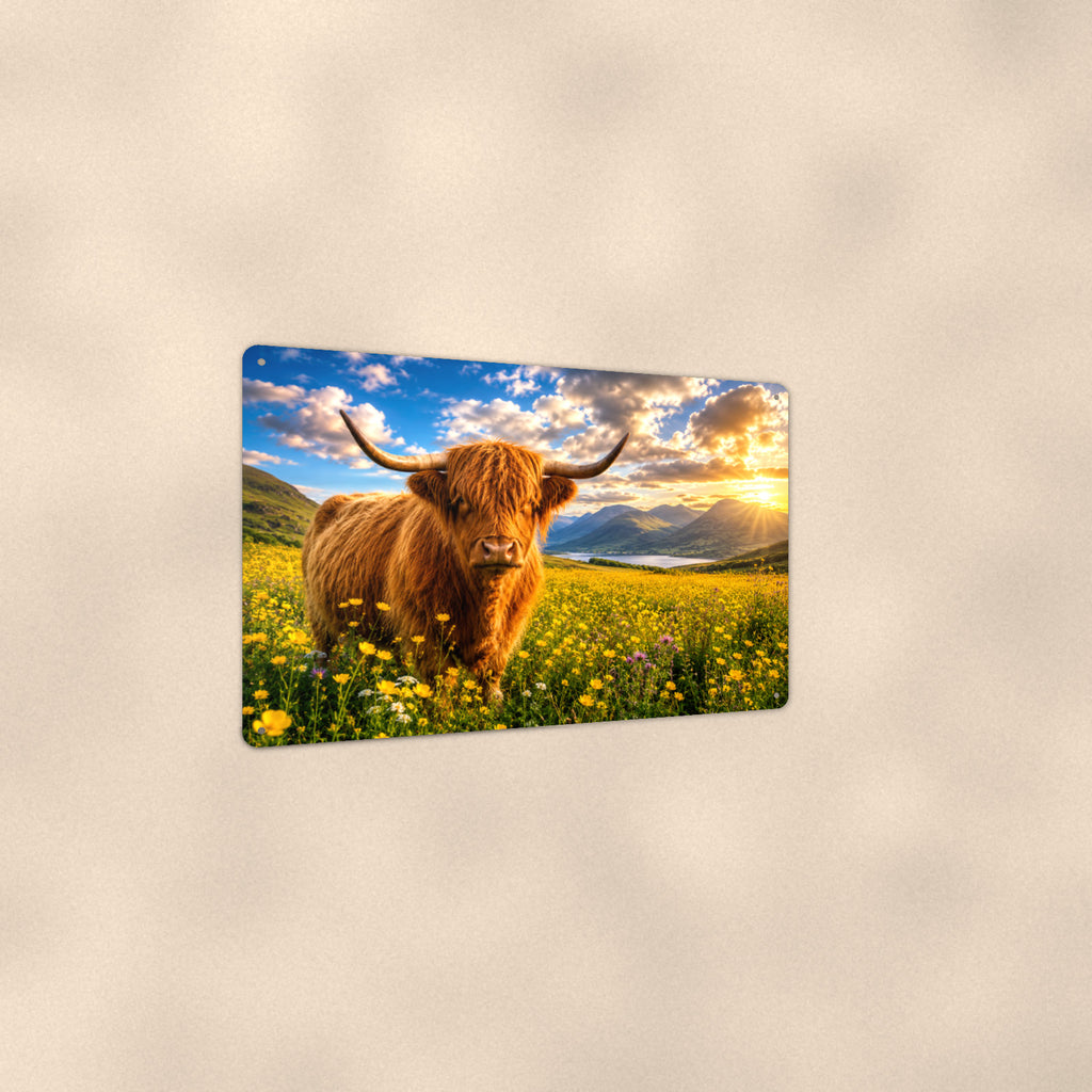 Highland Cow in Buttercup Meadow aluminum metal sign 12" x 8" - angled view showing glossy finish