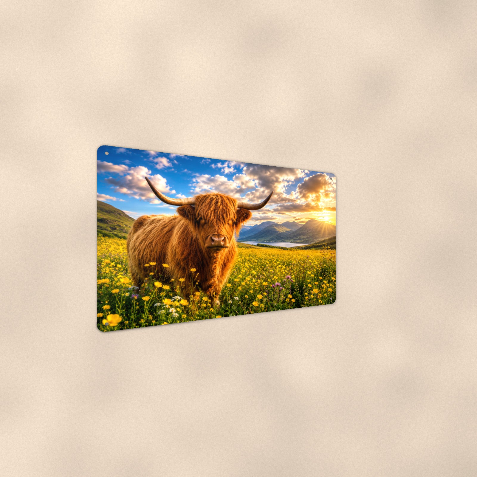 Highland Cow in Buttercup Meadow aluminum metal sign 12" x 8" - angled wall view from a wider angle