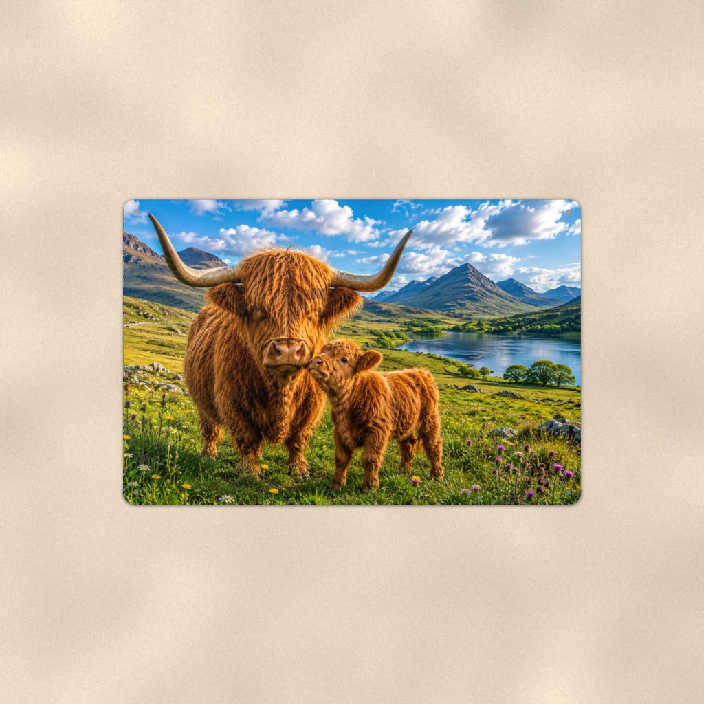 Highland Cow Mother and Calf by the Loch aluminum metal sign 12" x 8" - front view on warm wall