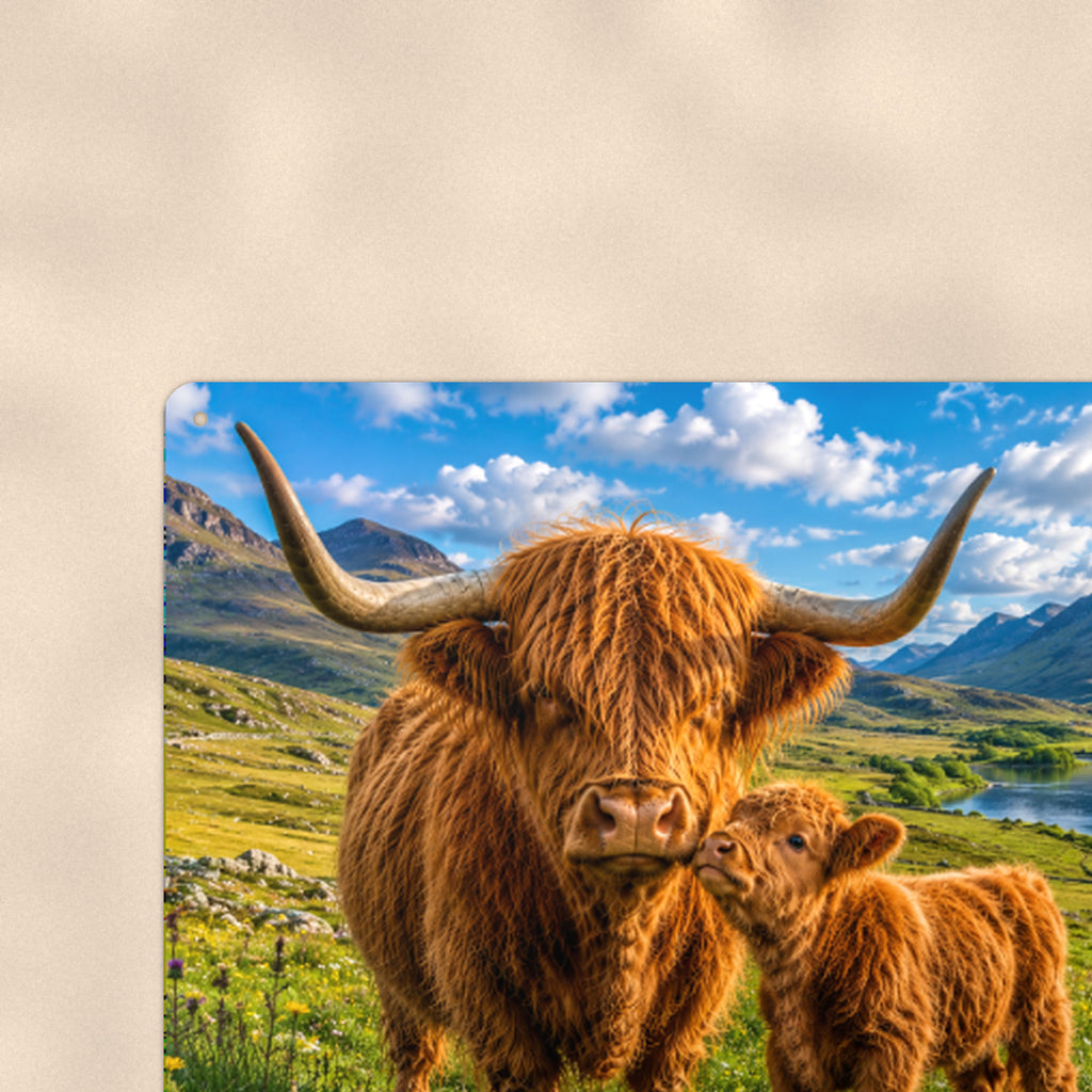 Highland Cow Mother and Calf by the Loch aluminum metal sign 12" x 8" - close-up view of the printed artwork
