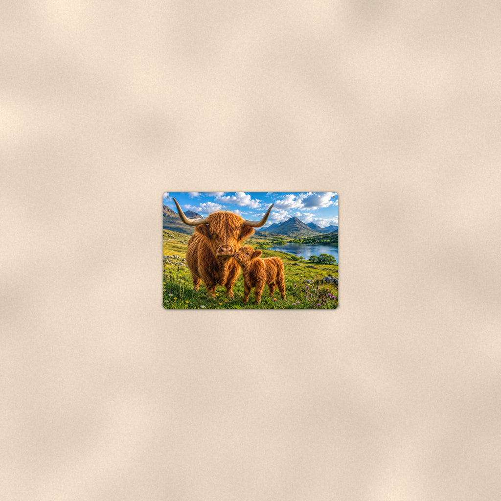 Highland Cow Mother and Calf by the Loch aluminum metal sign 12" x 8" - room view on warm wall