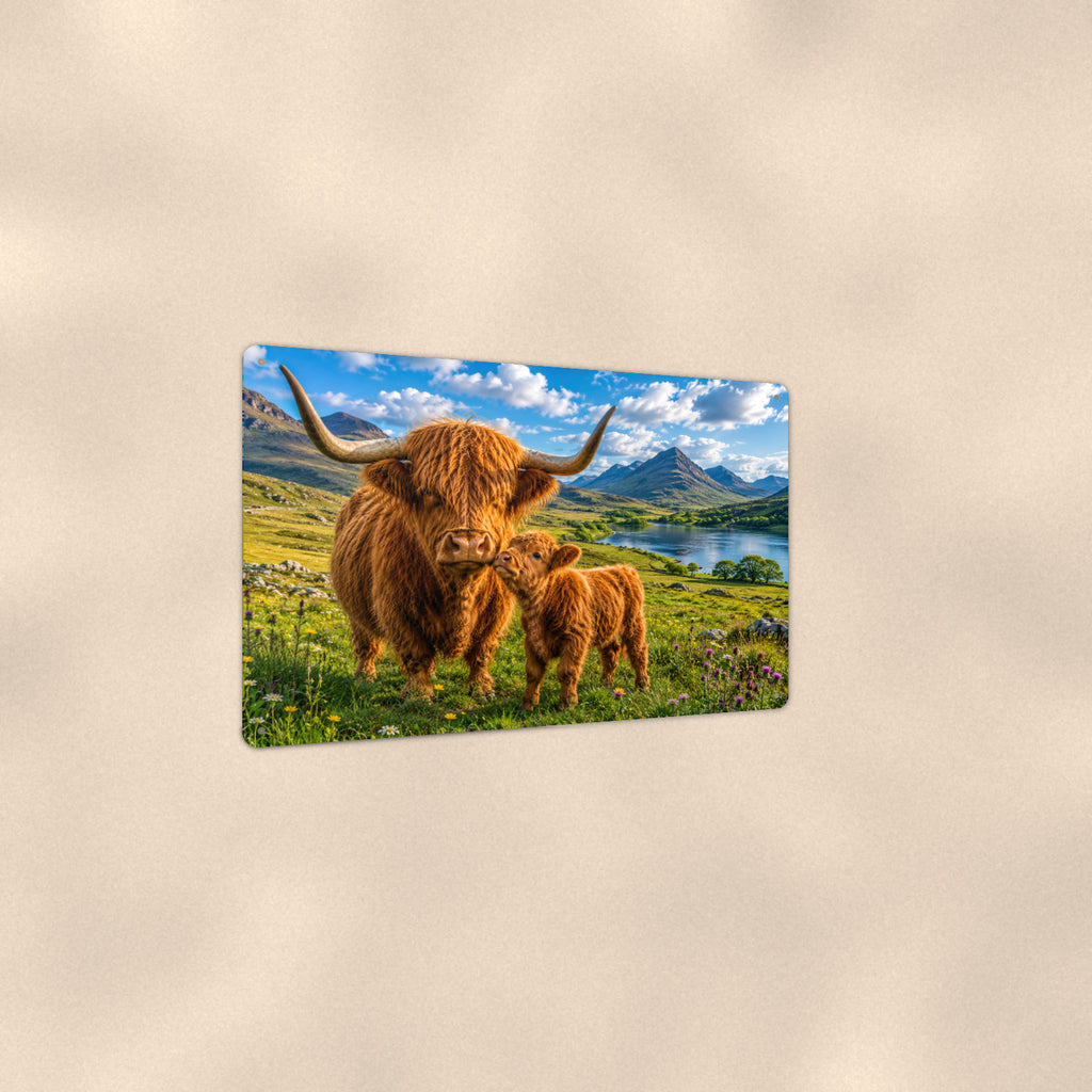 Highland Cow Mother and Calf by the Loch aluminum metal sign 12" x 8" - angled view showing glossy finish