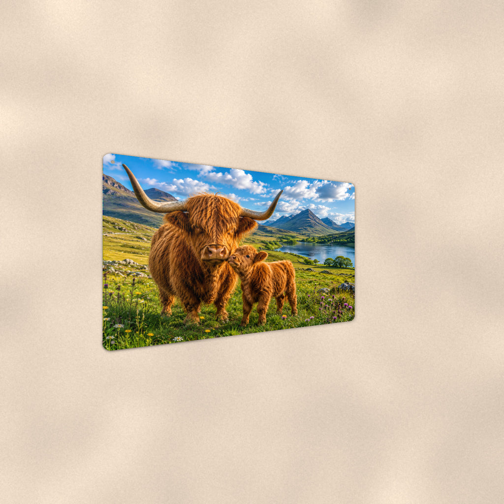 Highland Cow Mother and Calf by the Loch aluminum metal sign 12" x 8" - angled wall view from a wider angle