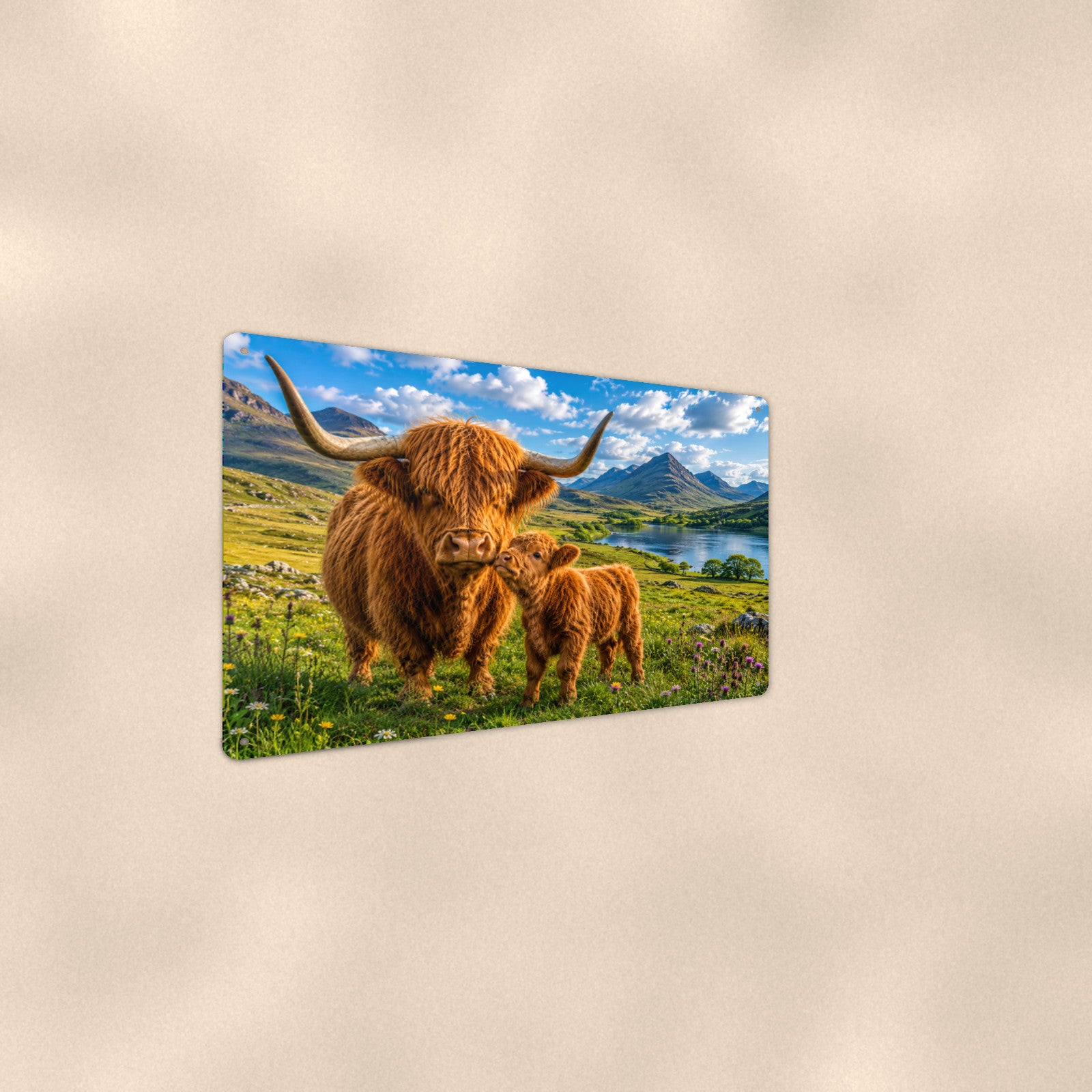 Highland Cow Mother and Calf by the Loch aluminum metal sign 12" x 8" - angled wall view from a wider angle