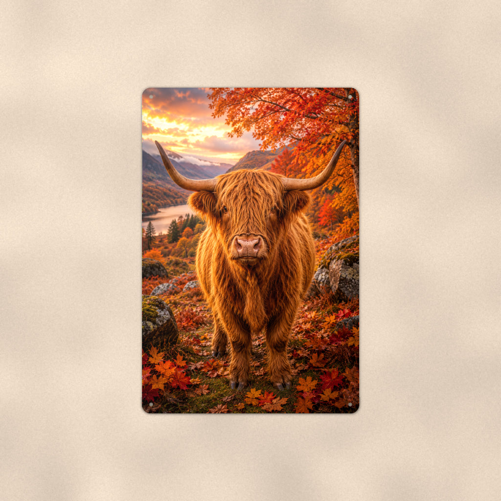 Highland Cow in Autumn Maples aluminum metal sign 8" x 12" - front view on warm wall