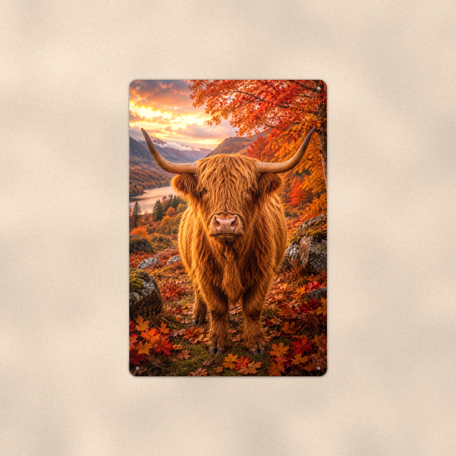 Highland Cow in Autumn Maples aluminum metal sign 8" x 12" - front view on warm wall