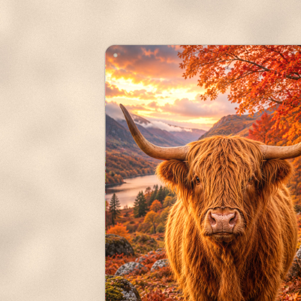 Highland Cow in Autumn Maples aluminum metal sign 8" x 12" - close-up view of the printed artwork