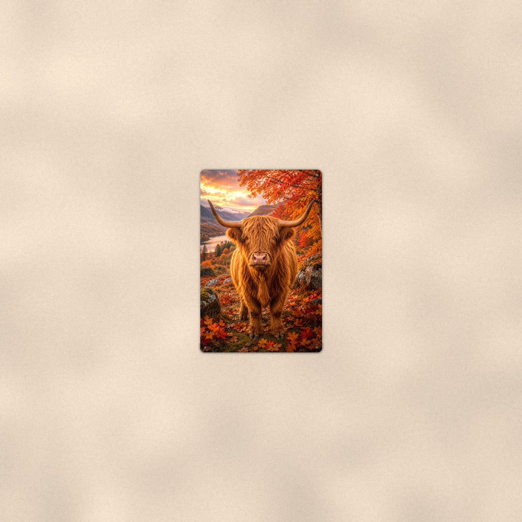 Highland Cow in Autumn Maples aluminum metal sign 8" x 12" - room view on warm wall